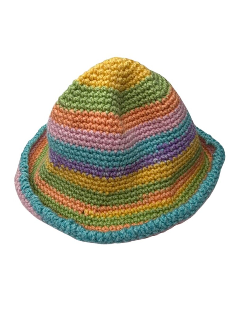 Pastel Rainbow Striped Crocheted Bucket Hat Handmade Kidcore Sun Cap